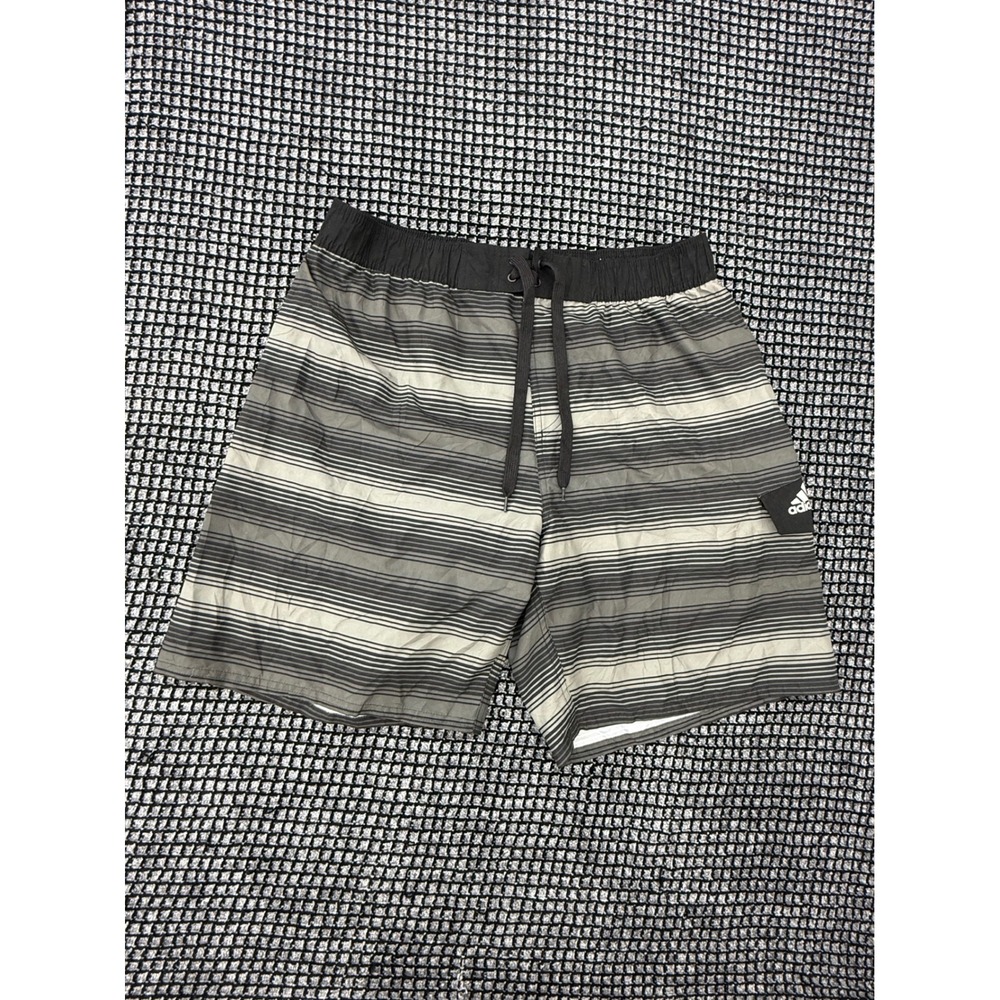 Adidas Board Shorts Mens XL Black Grey Excellent Striped Mesh Lined‎ Swim Trunks